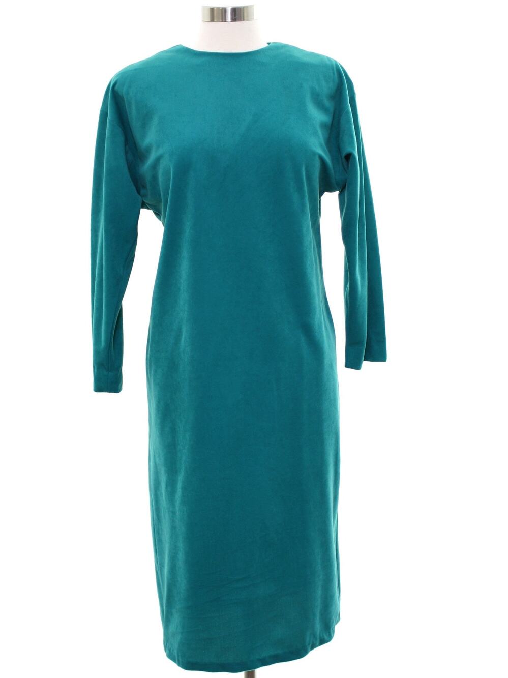 Vintage 1980s Aqua Green Long Sleeve Midi Shift Dress Women's Medium